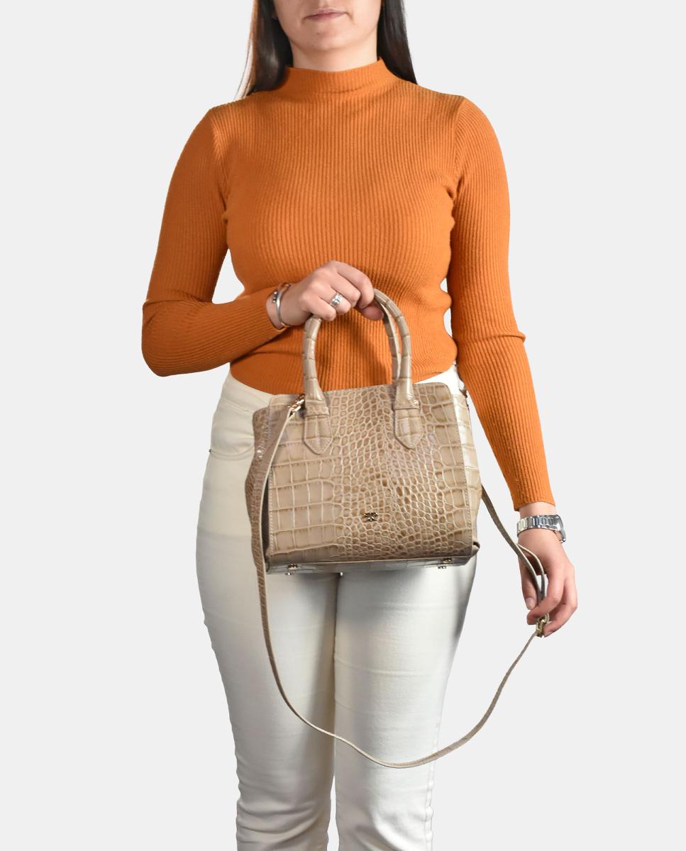 Mala Shopper Pequena de Alça Dupla em Pele com Efeito Croco Bege-5