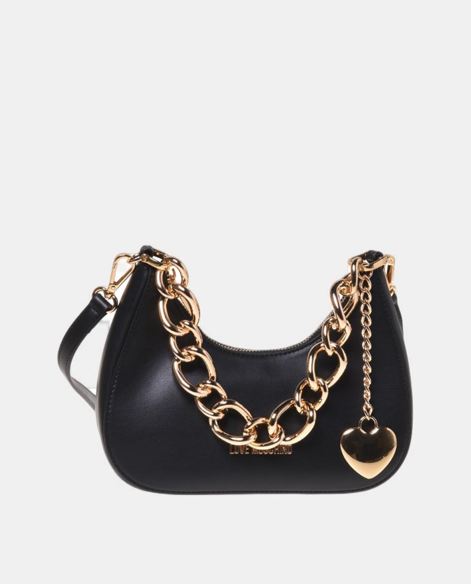 Bolso de mano bandolera liso con detalle metálico de charm y logo dorado en el delantero y asa en forma de cadena - Love Moschino - Negro Negro-1