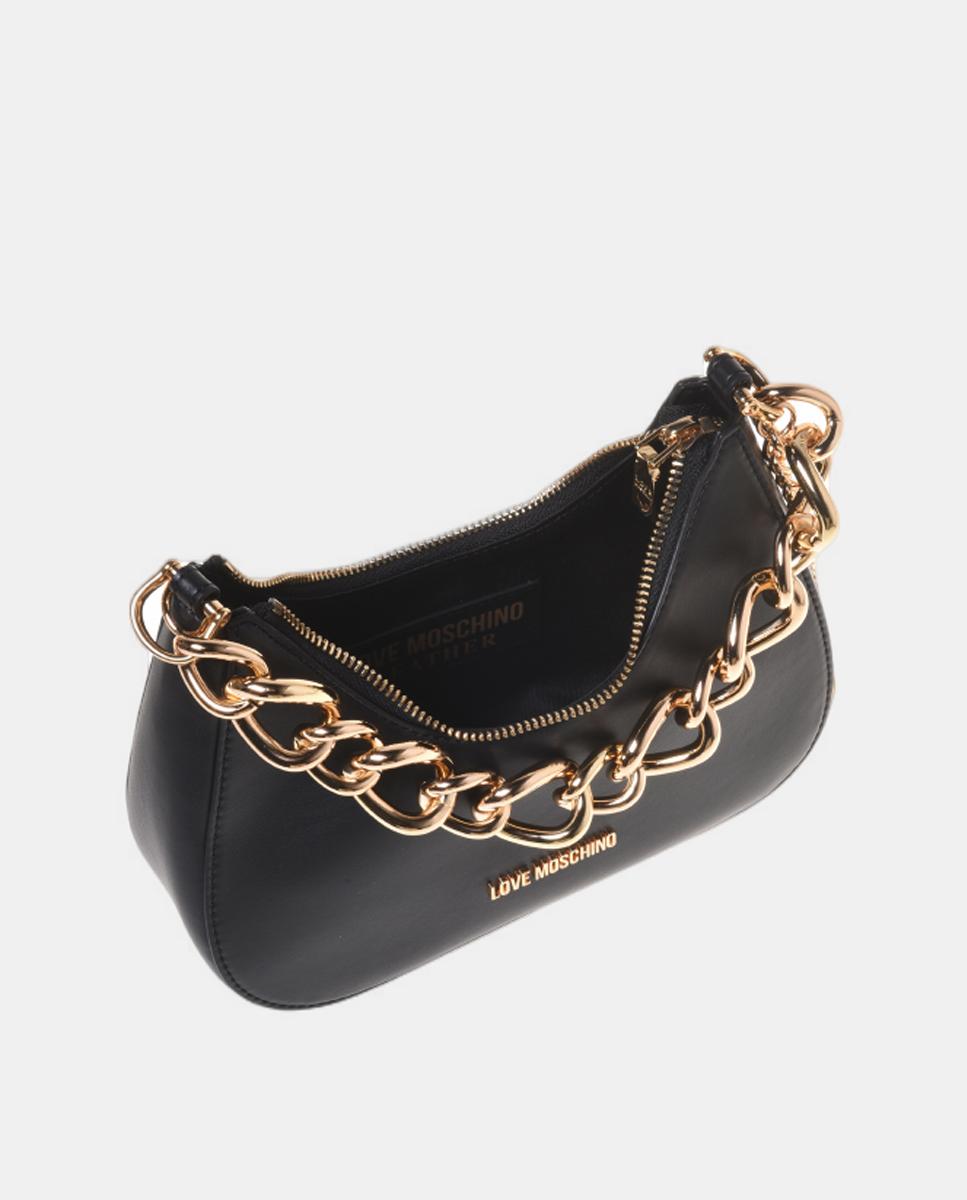 Bolso de mano bandolera liso con detalle metálico de charm y logo dorado en el delantero y asa en forma de cadena - Love Moschino - Negro Negro-3