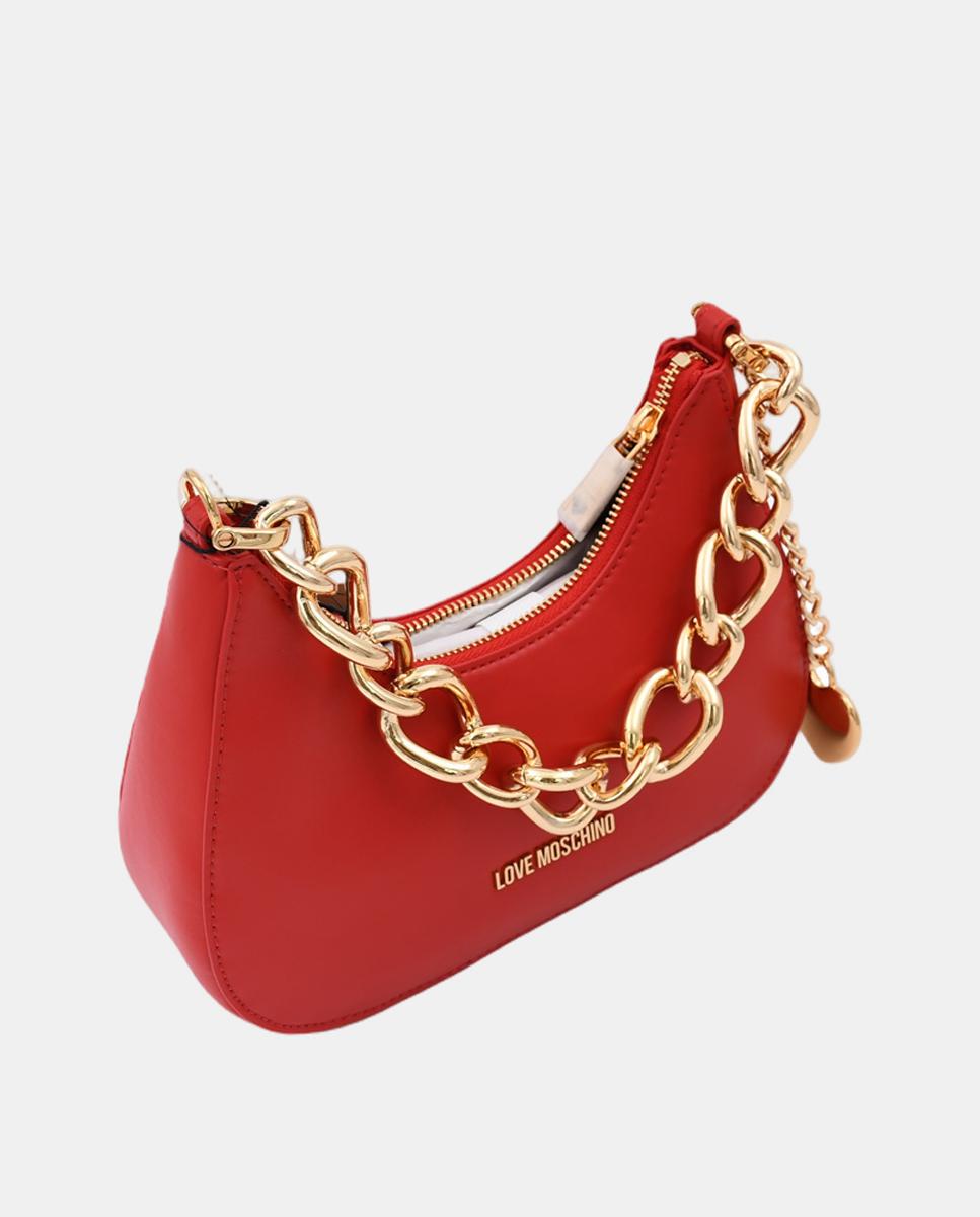 Mala de mão e tiracolo lisa com detalhe metálico em forma de pendente e logótipo dourado na parte da frente e alça em forma de corrente Vermelho-3
