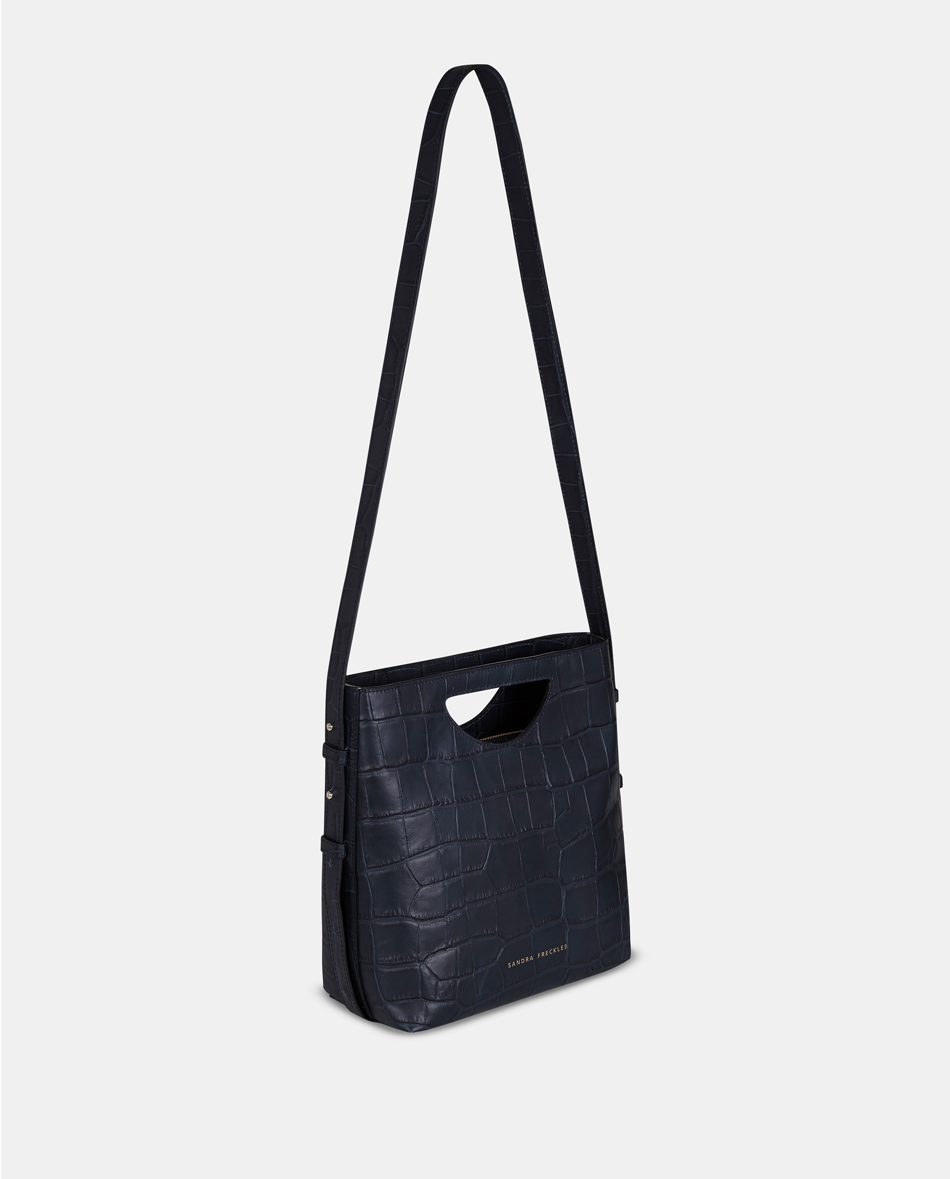Bolso de mano grande en piel grabada con bandolera - Sandra Freckled - Azul oscuro Azul oscuro-2