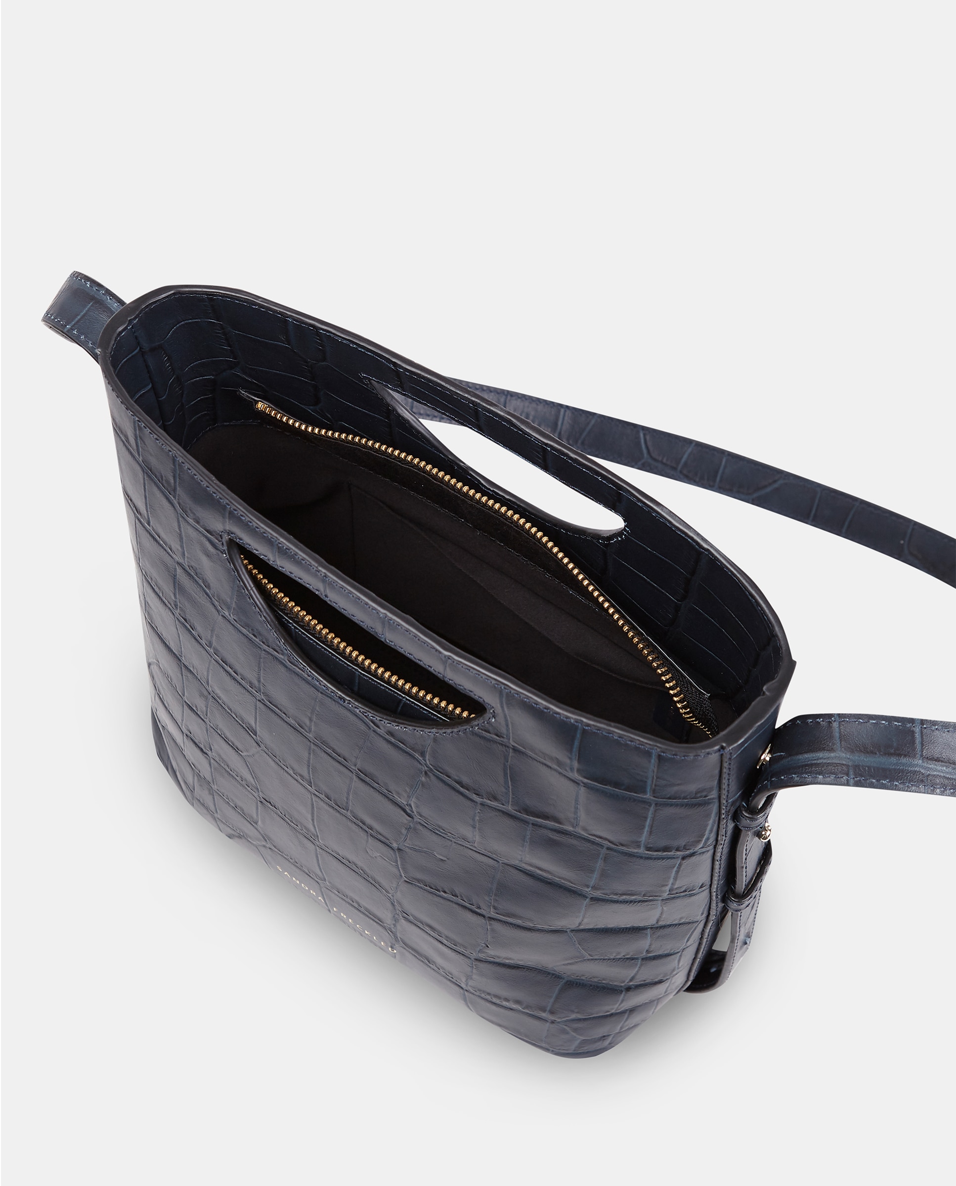 Bolso de mano grande en piel grabada con bandolera - Sandra Freckled - Azul oscuro Azul oscuro-3