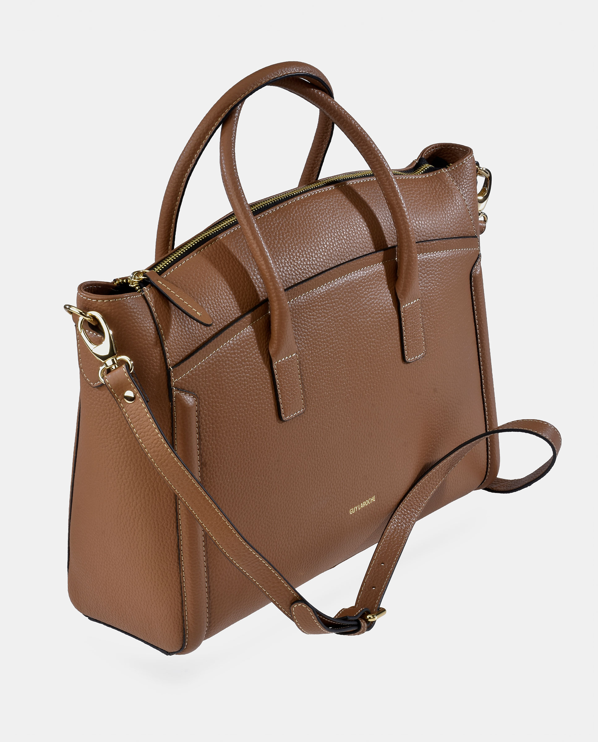 Mala Tipo Tote em Pele com Alças e Alça de Tiracolo Camel-2