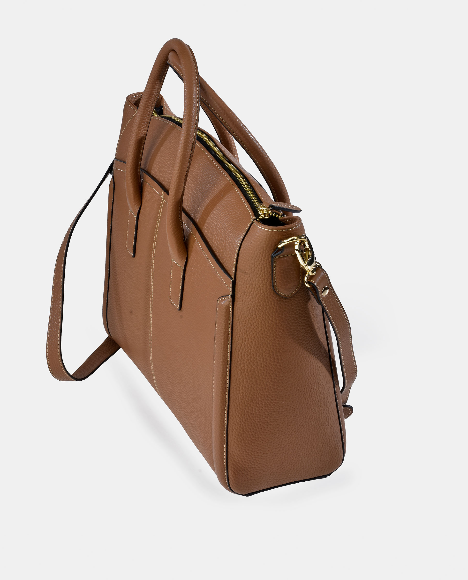 Mala Tipo Tote em Pele com Alças e Alça de Tiracolo Camel-3