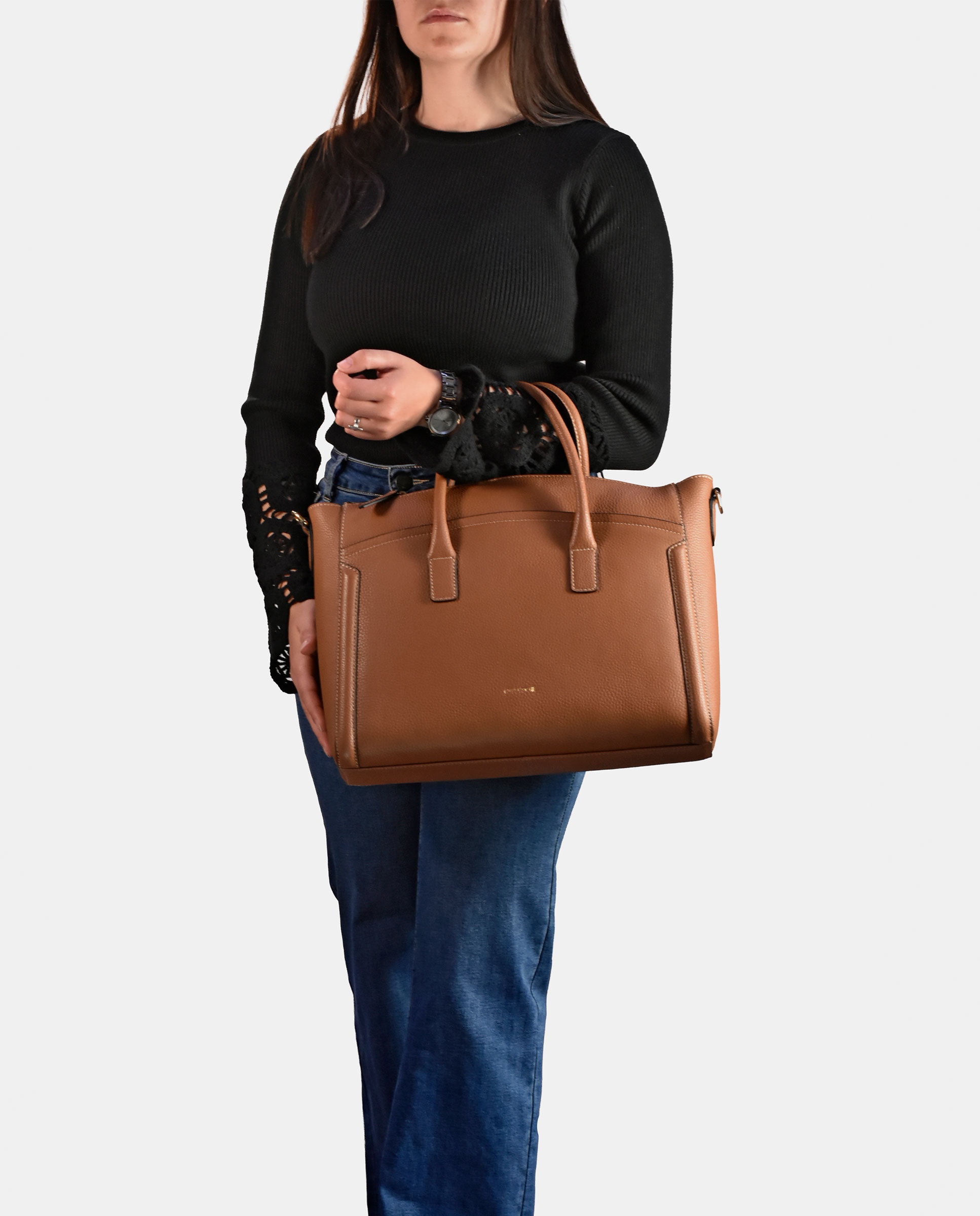 Mala Tipo Tote em Pele com Alças e Alça de Tiracolo Camel-4