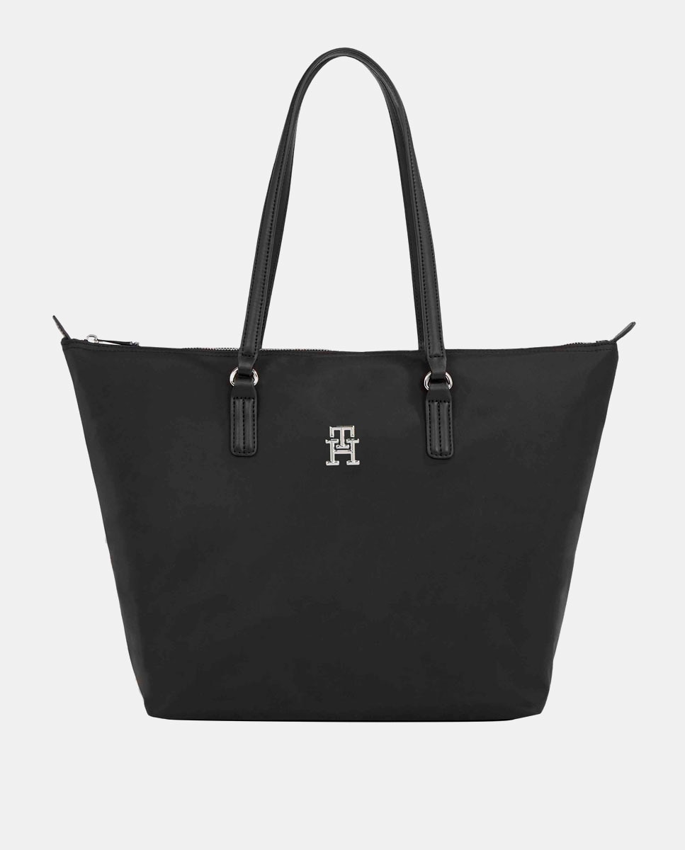 Mala Tipo Tote com Logótipo TH, Fecho de Correr e em Tecido Reciclado - Preto Preto-1