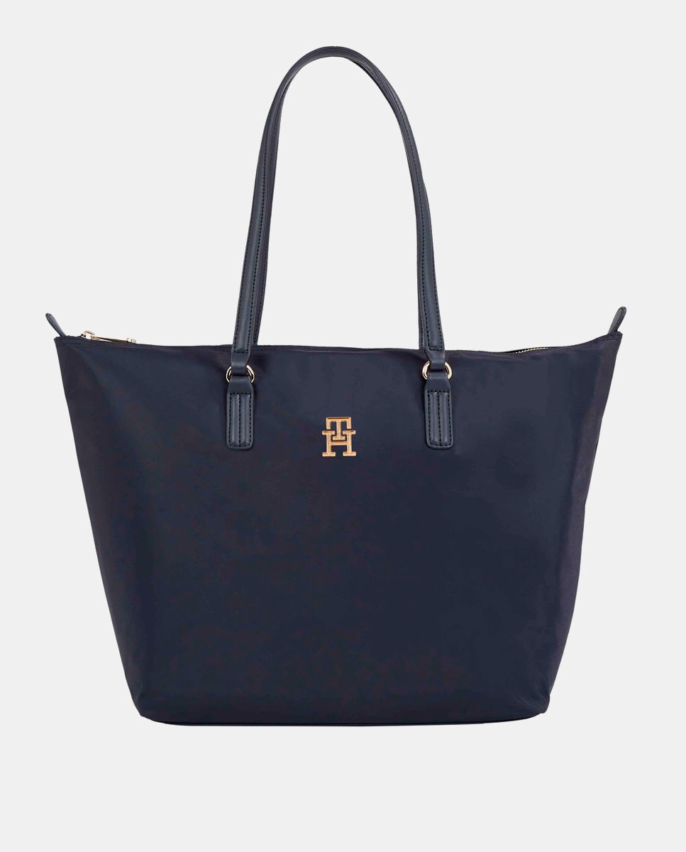 Mala Tipo Tote com Logótipo TH, Fecho de Correr e em Tecido Reciclado - Azul-Marinho Azul-marinho-1