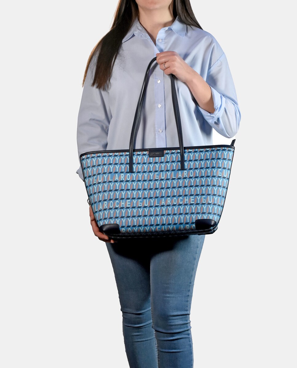 Mala Tipo Tote Grande com Alças Compridas em Material Sintético - Azul Azul-2