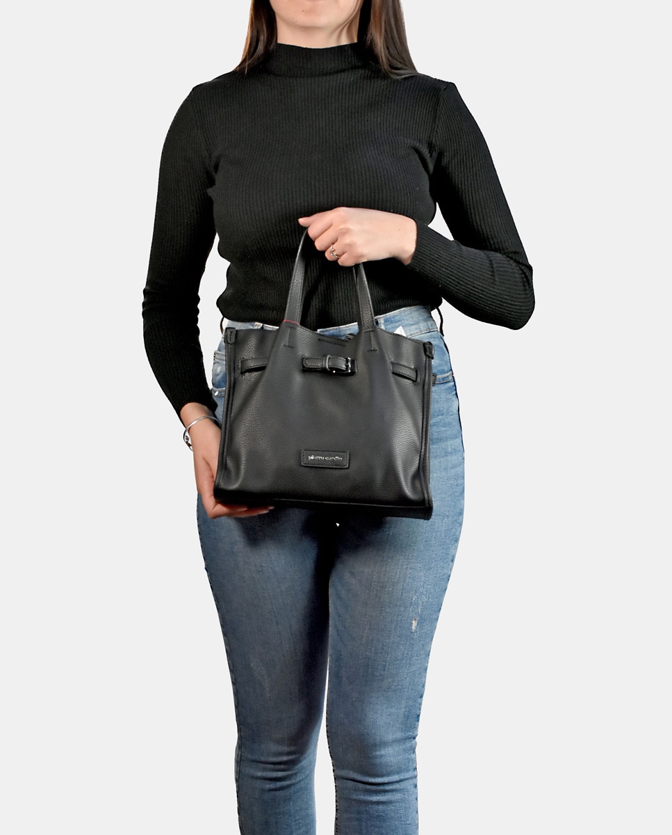 Mala Tipo Tote em P.U. com Alça de Tiracolo - Preto Preto-2