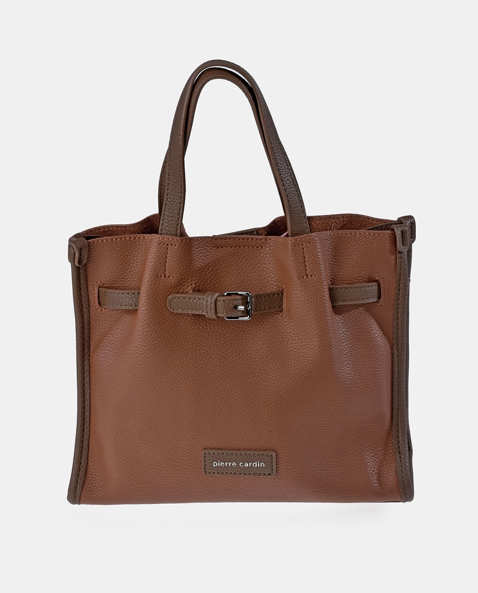 Mala Tipo Tote em P.U. com Alça de Tiracolo - Preto Castanho-claro-1