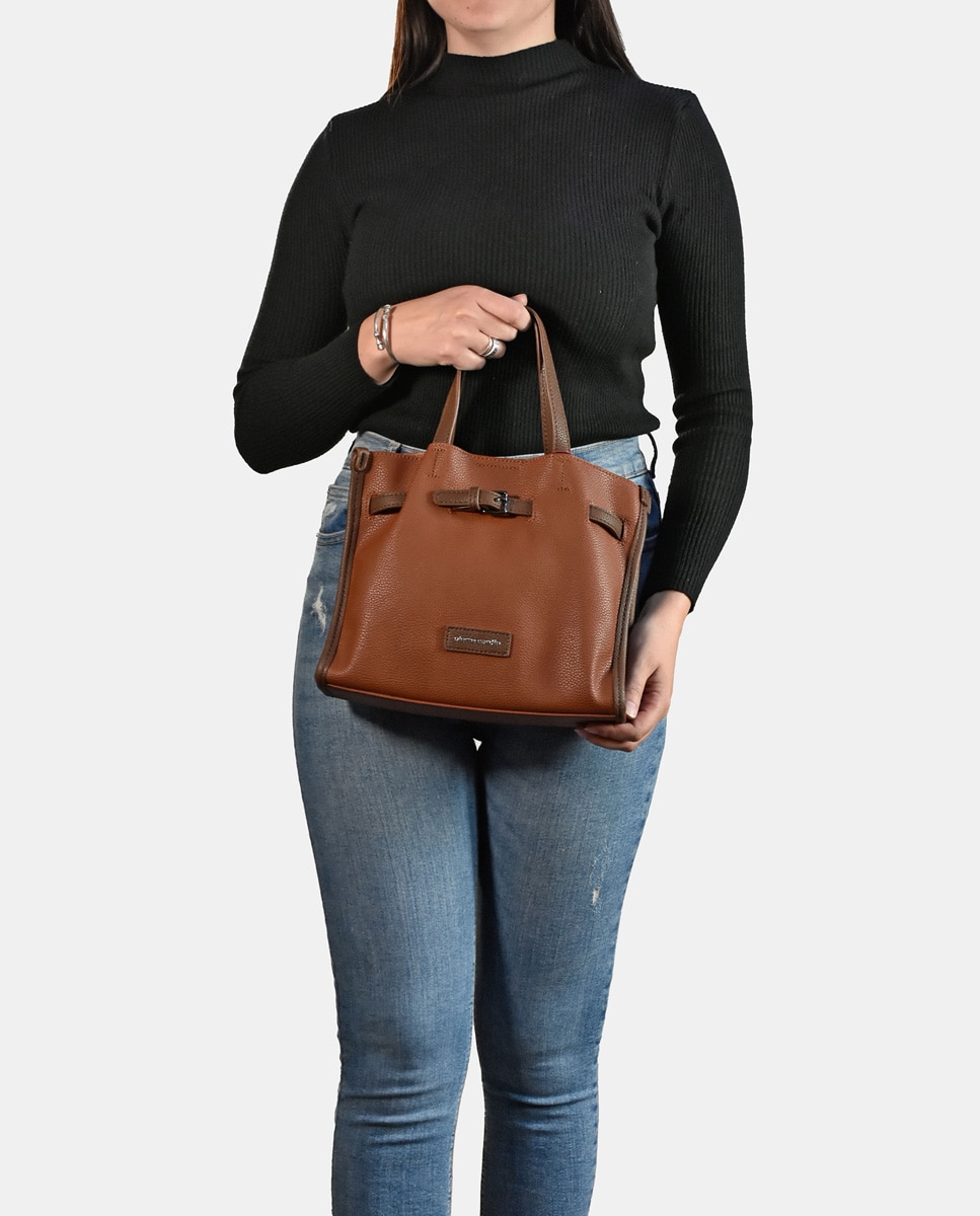 Mala Tipo Tote em P.U. com Alça de Tiracolo - Preto Castanho-claro-2