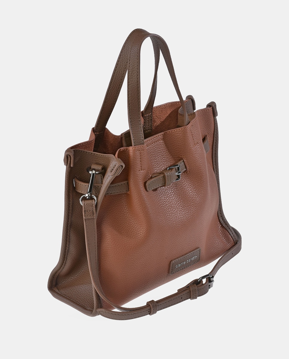 Mala Tipo Tote em P.U. com Alça de Tiracolo - Preto Castanho-claro-3