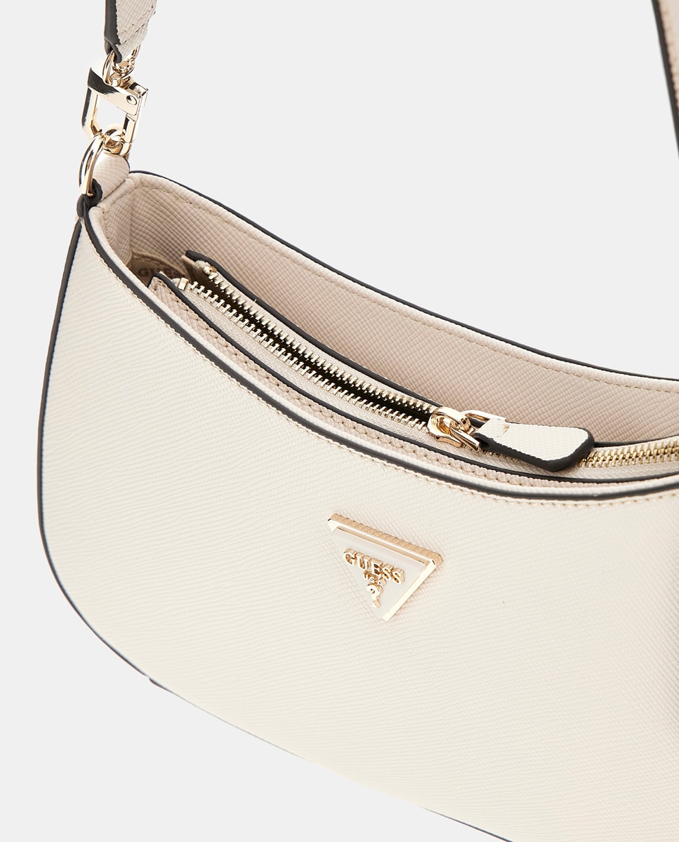 Mala de Ombro Média com Fecho de Correr e Alça Ajustável Bege-3