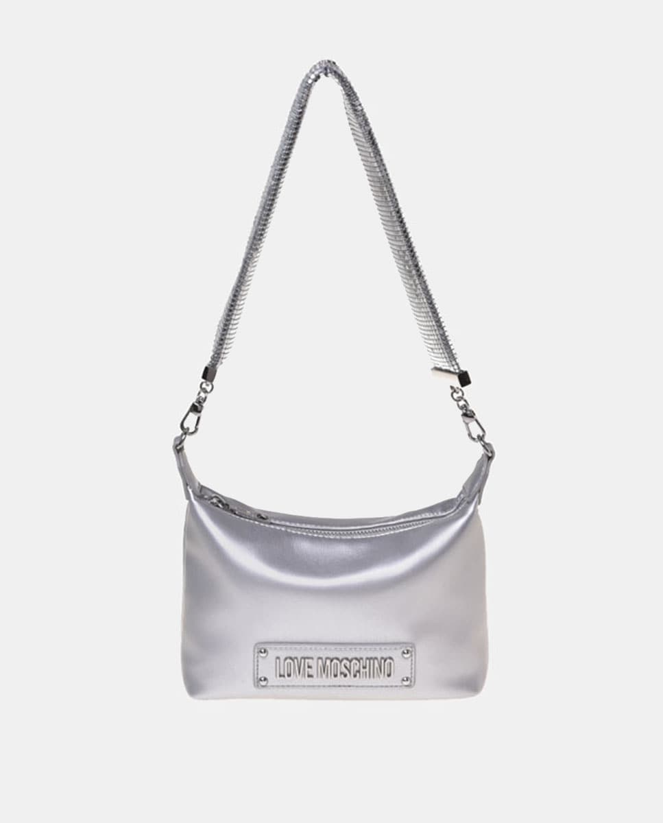 Mala de Ombro com Alça Tipo Malha e Fecho de Correr Prata-1