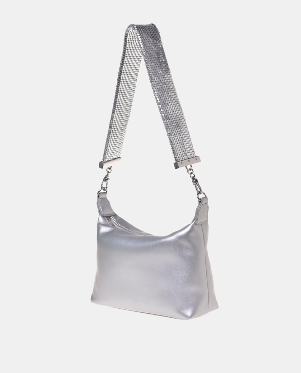 Mala de Ombro com Alça Tipo Malha e Fecho de Correr Prata-2