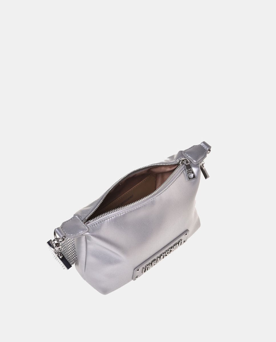 Mala de Ombro com Alça Tipo Malha e Fecho de Correr Prata-3