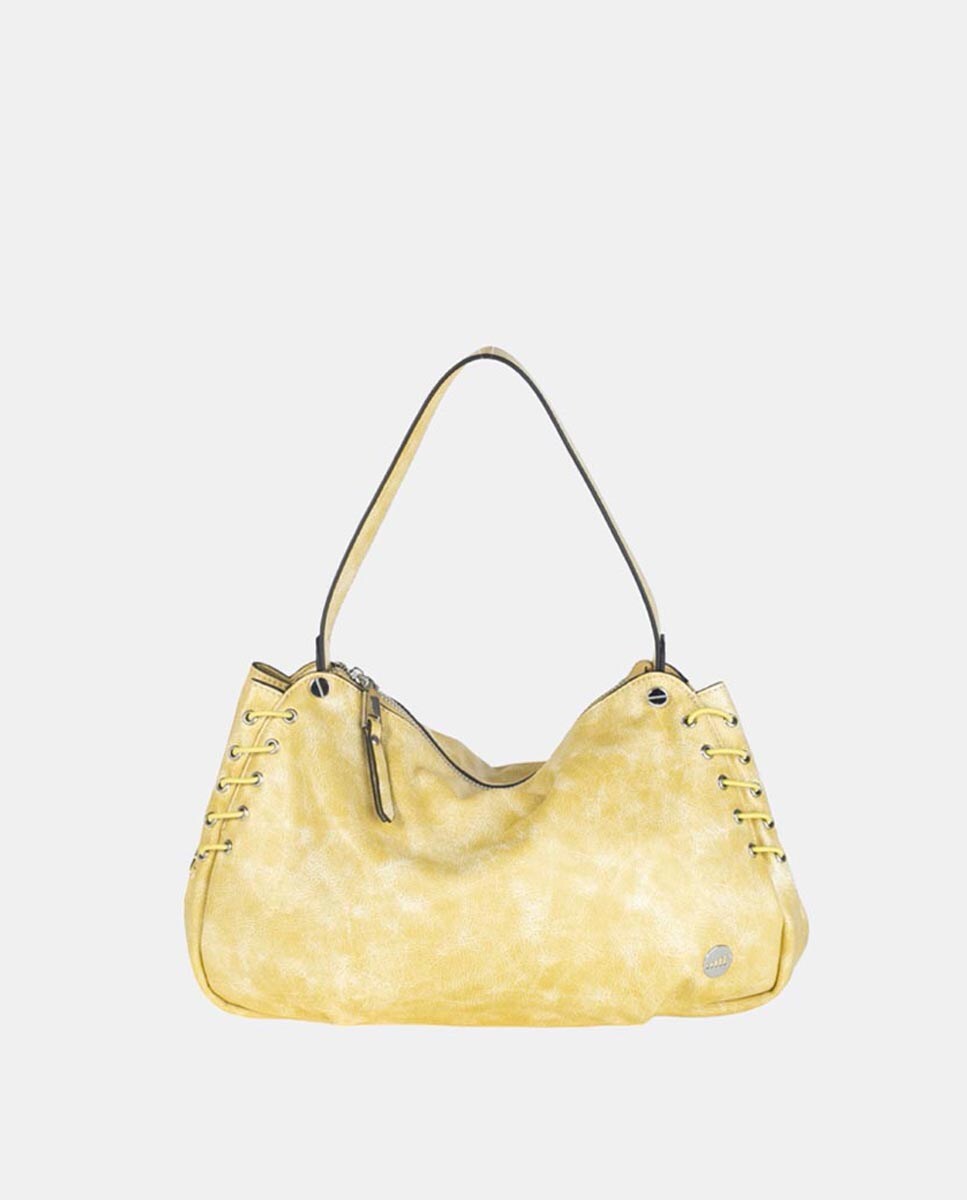 Mala de Ombro de uma Alça Confecionada em PU com Acabamento de Efeito de Lavagem e Detalhes nos Foles a Condizer Amarelo-1