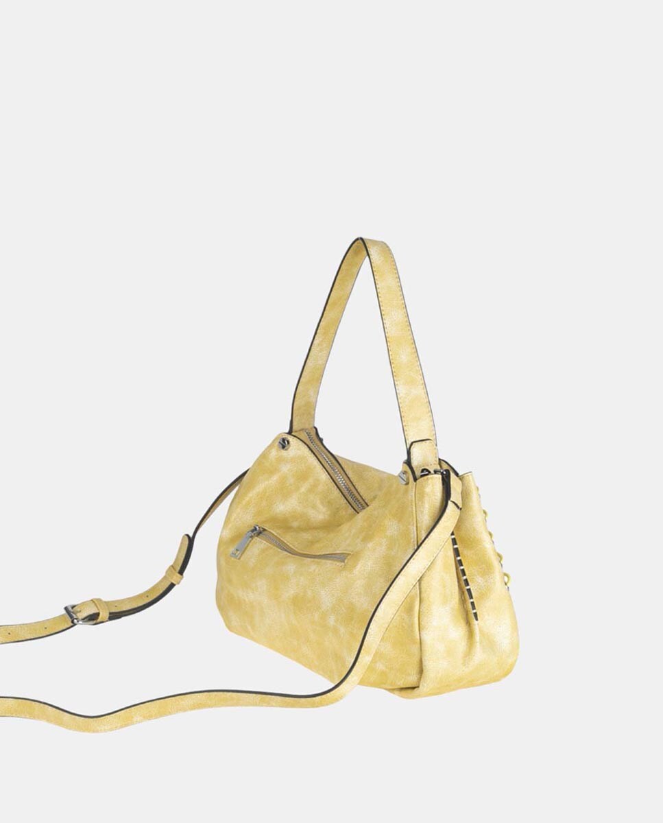 Mala de Ombro de uma Alça Confecionada em PU com Acabamento de Efeito de Lavagem e Detalhes nos Foles a Condizer Amarelo-2