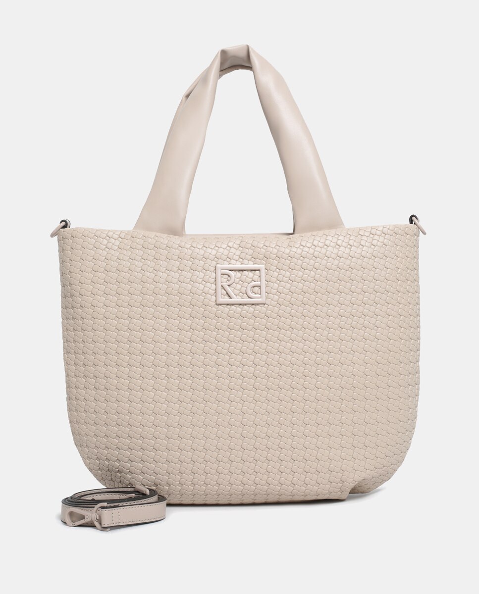 Mala Shopper em PU Entrançado Bege-1