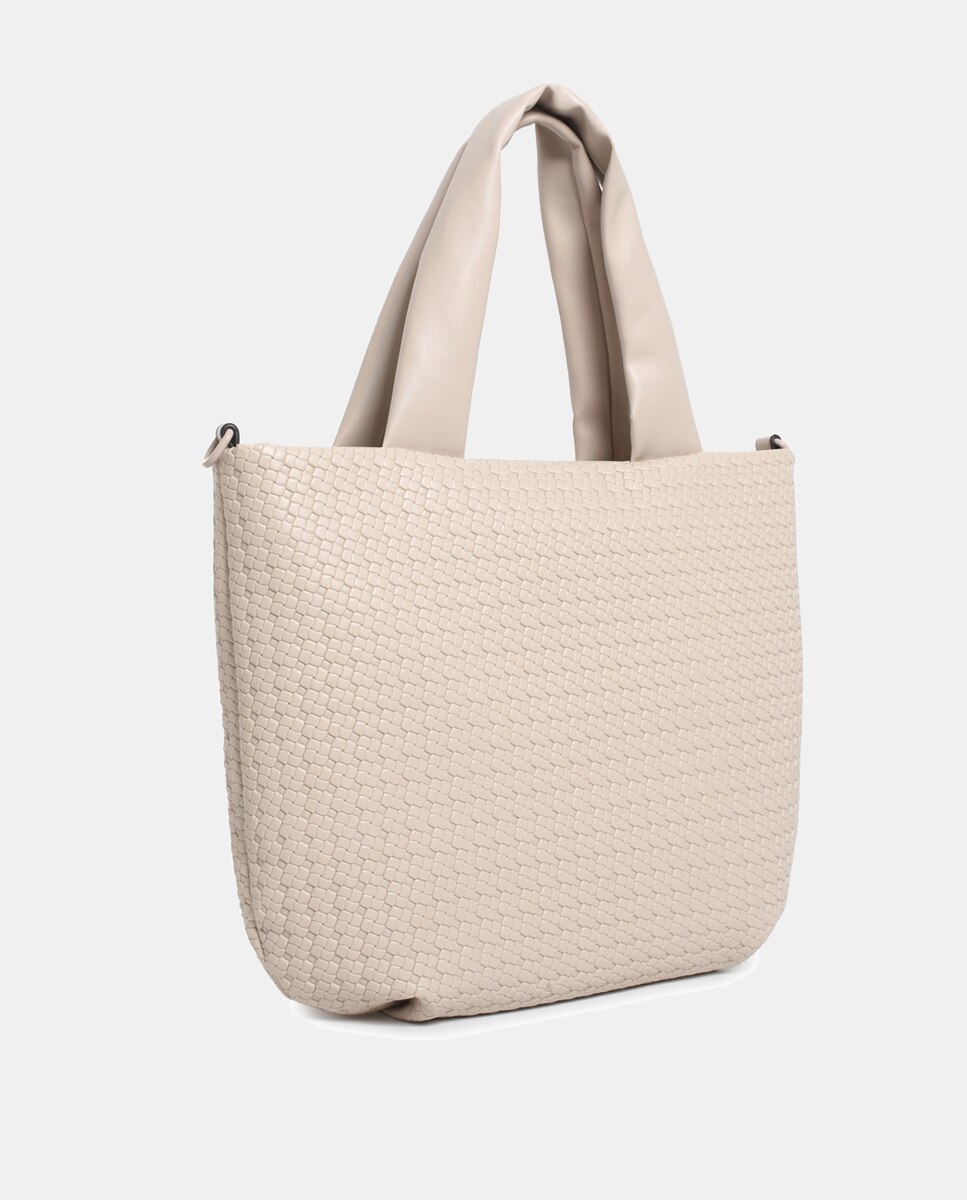 Mala Shopper em PU Entrançado Bege-2