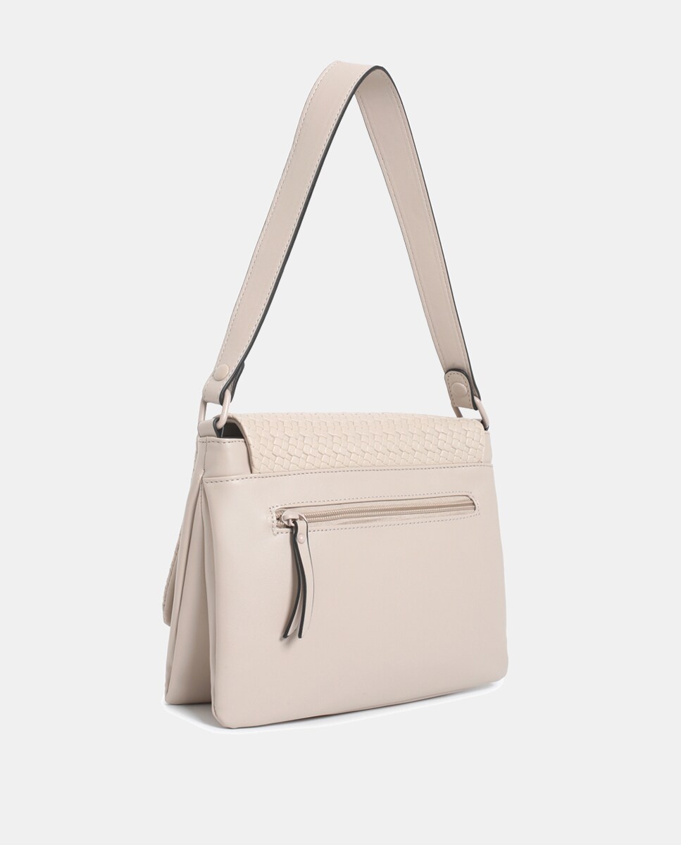 Mala Crossbody em PU Entrançado com Aba Bege-2