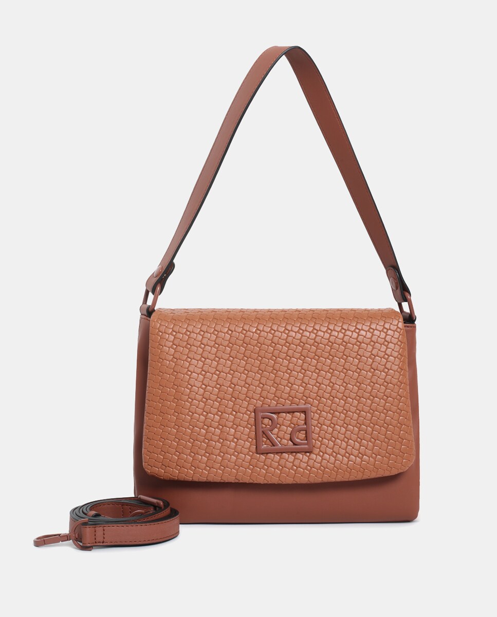 Mala Crossbody em PU Entrançado com Aba Camel-1