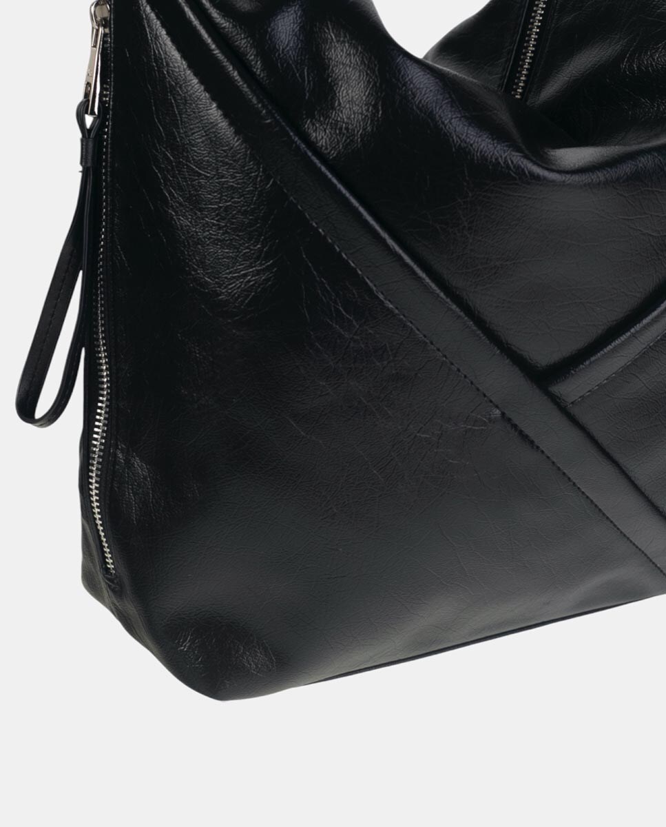 Mala de Ombro com Detalhe de Prega à Frente com Fecho de Correr Preto-3
