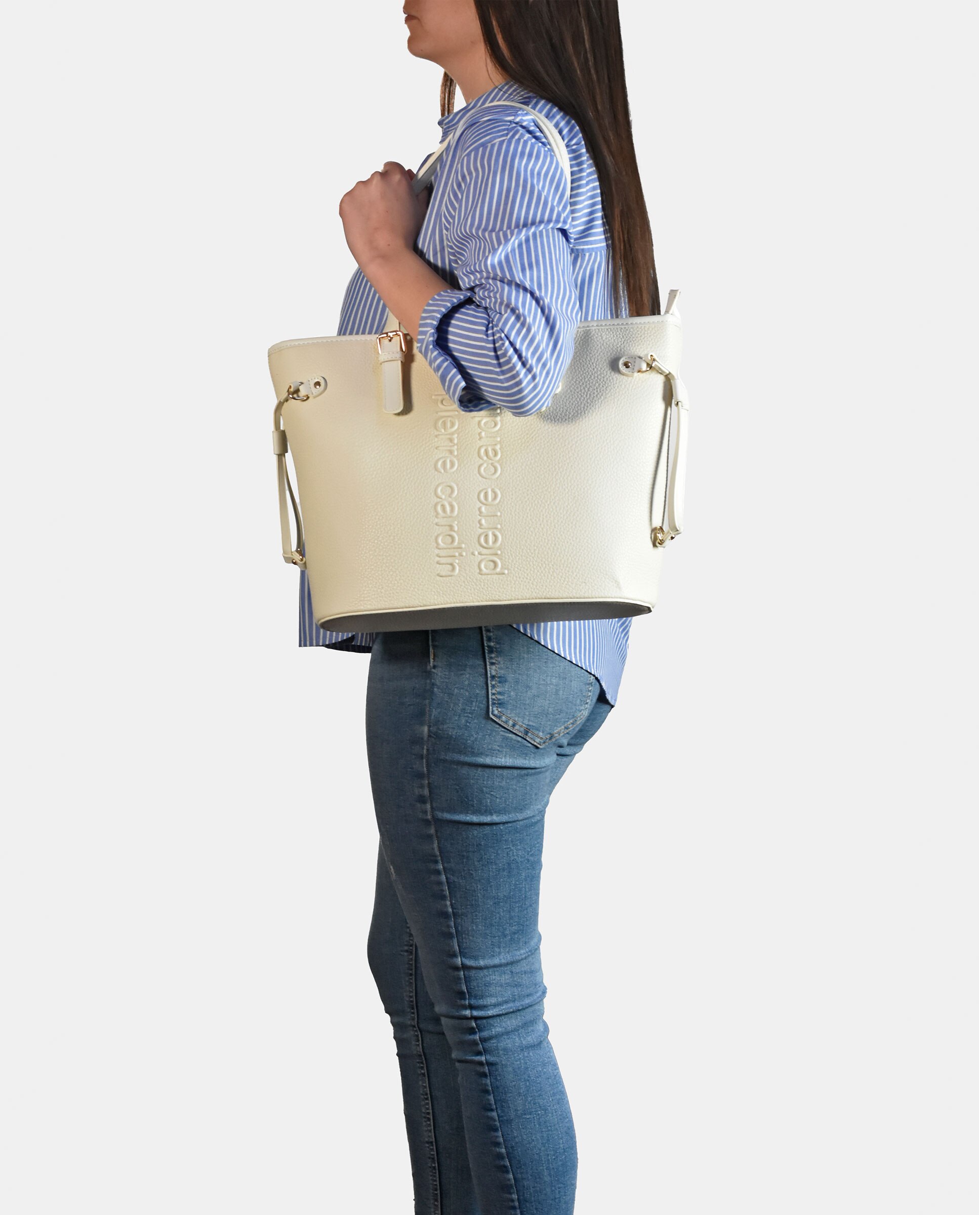 Mala Shopper em Pele Sintética com Grão Fino Branco-5