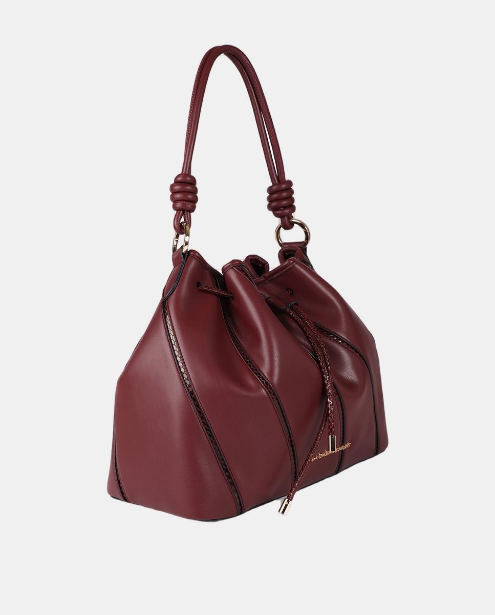 Mala Bucket com Peças e Detalhes com Efeito de Pele de Serpente Bordeaux-3