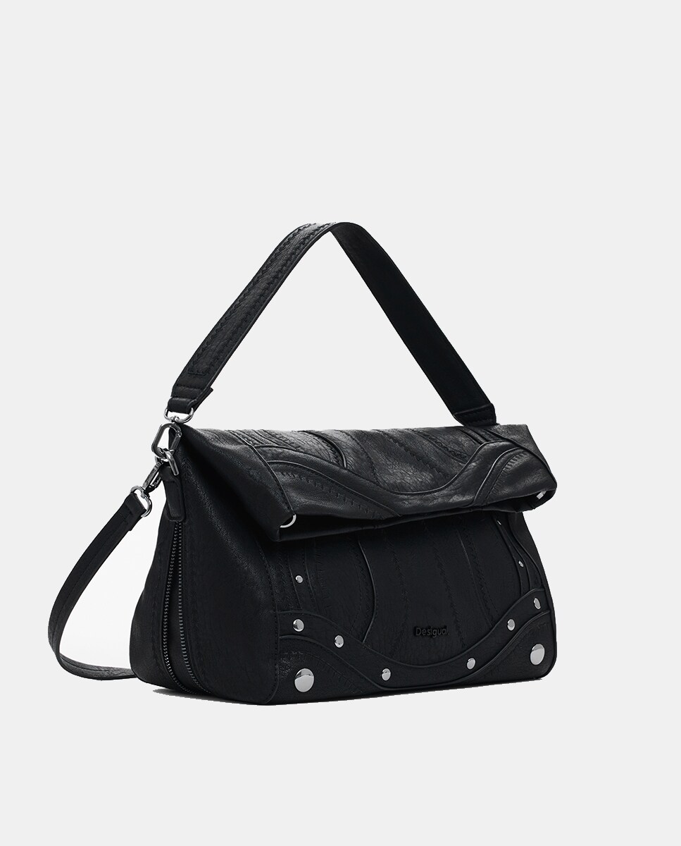 Mala Média com Efeito de Pele e Bordados Preto-2