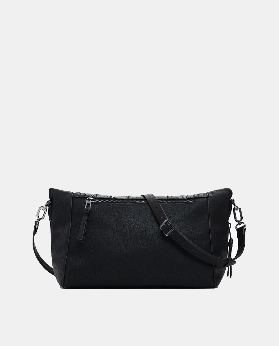 Mala Média com Efeito de Pele e Bordados Preto-3