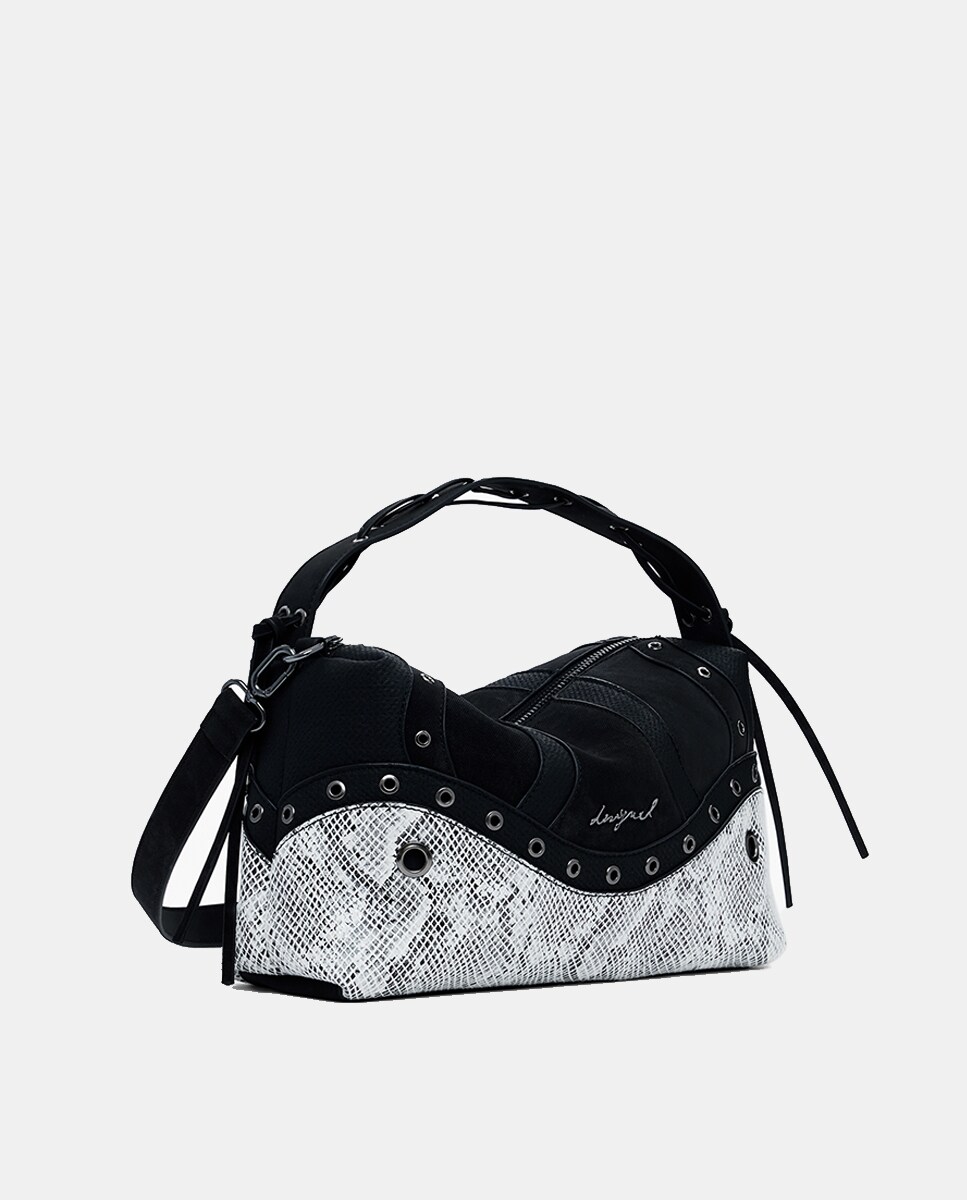 Mala Média com Animal Print de Serpente e Tachas Preto-2