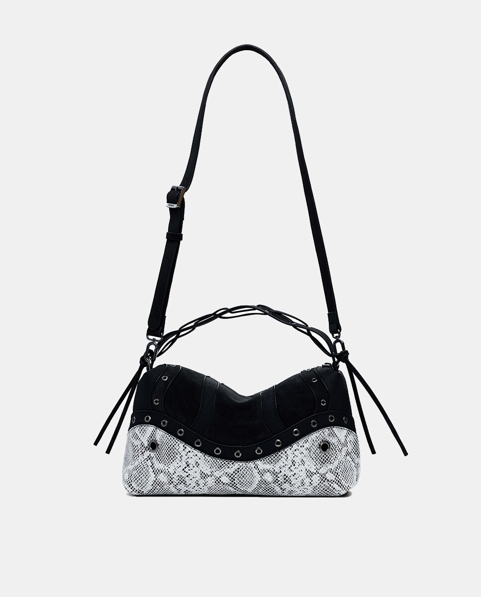 Mala Média com Animal Print de Serpente e Tachas Preto-3