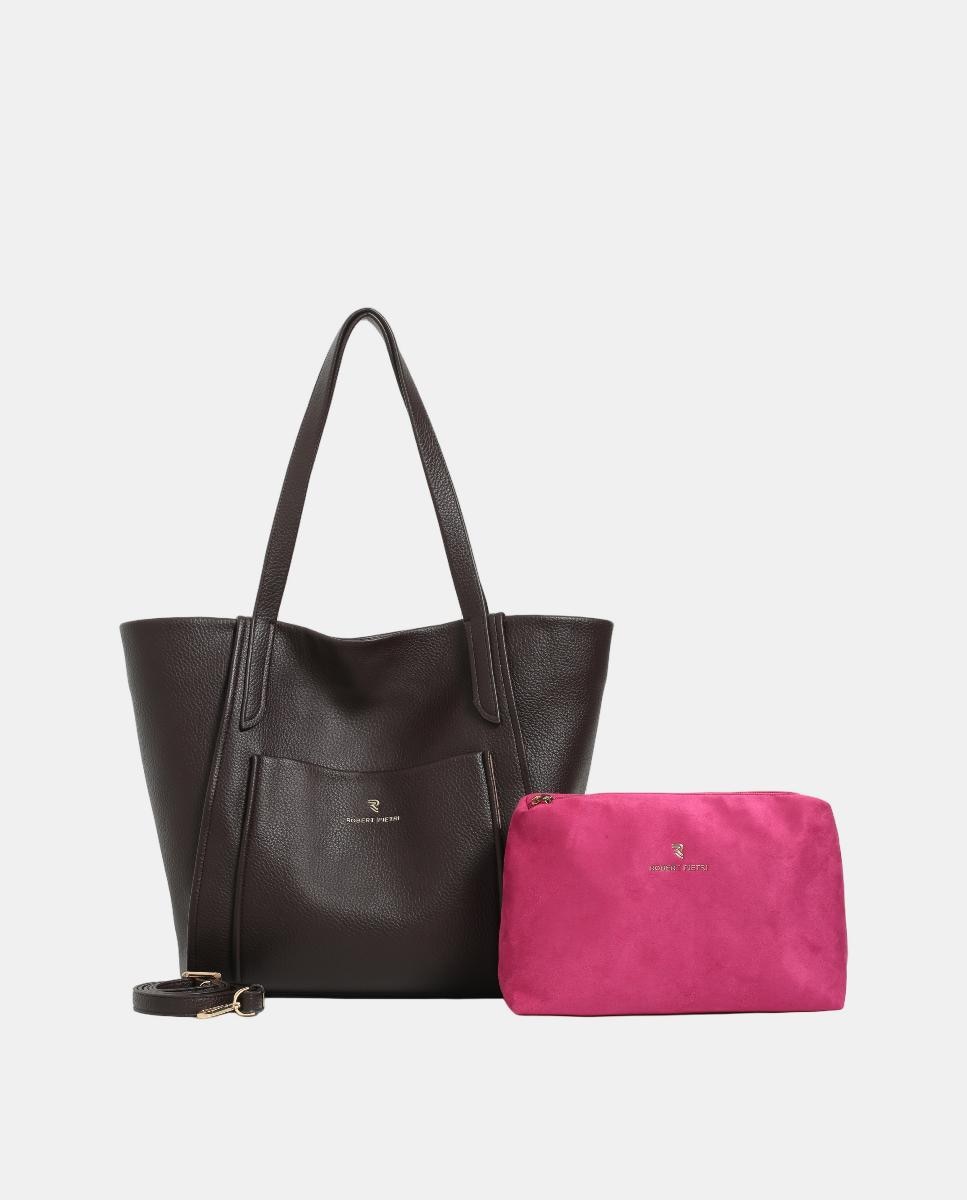 Mala Shopper de PU com Nécessaire Interior Castanho-1