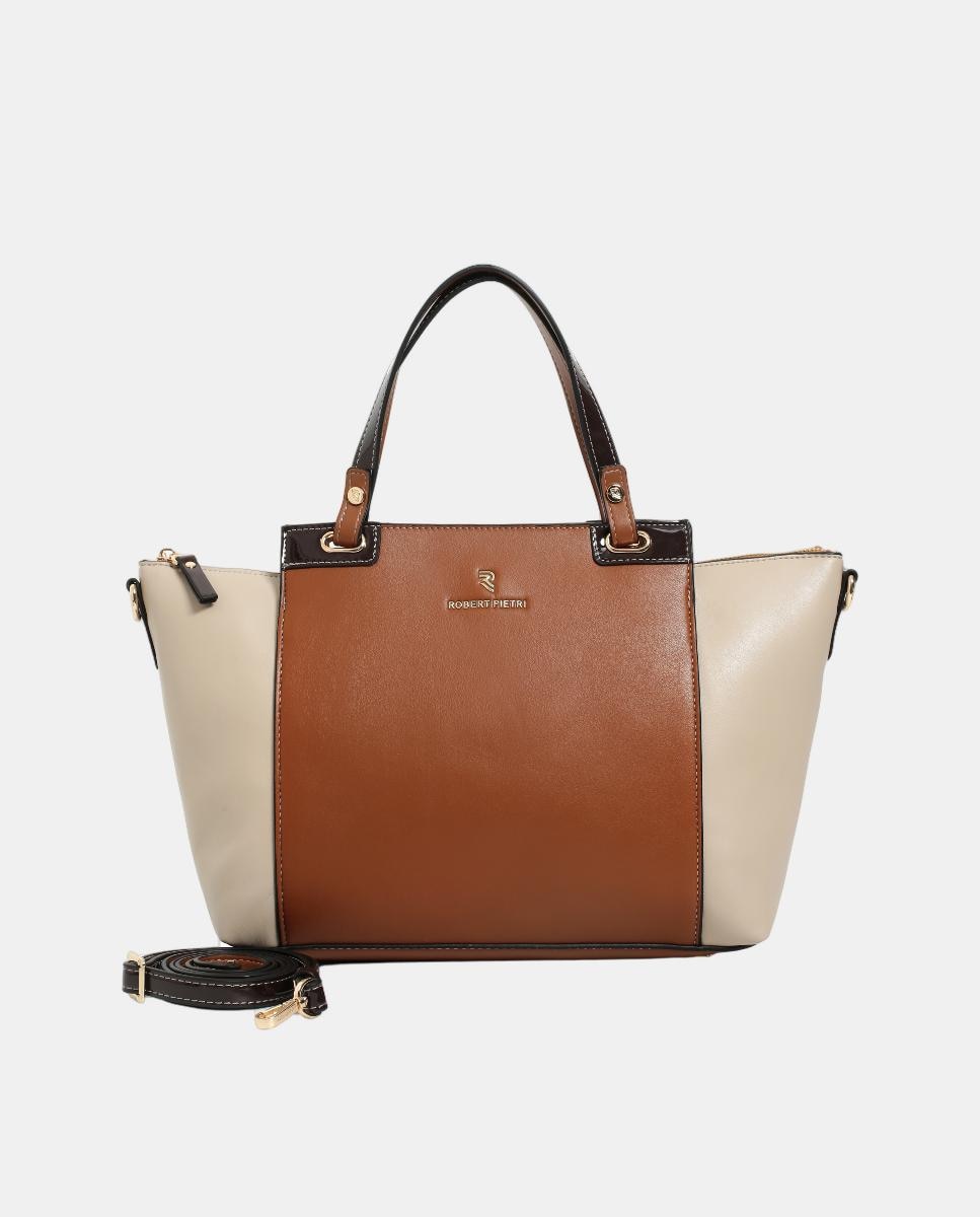 Mala Shopper de PU com Fecho de Correr Camel-1