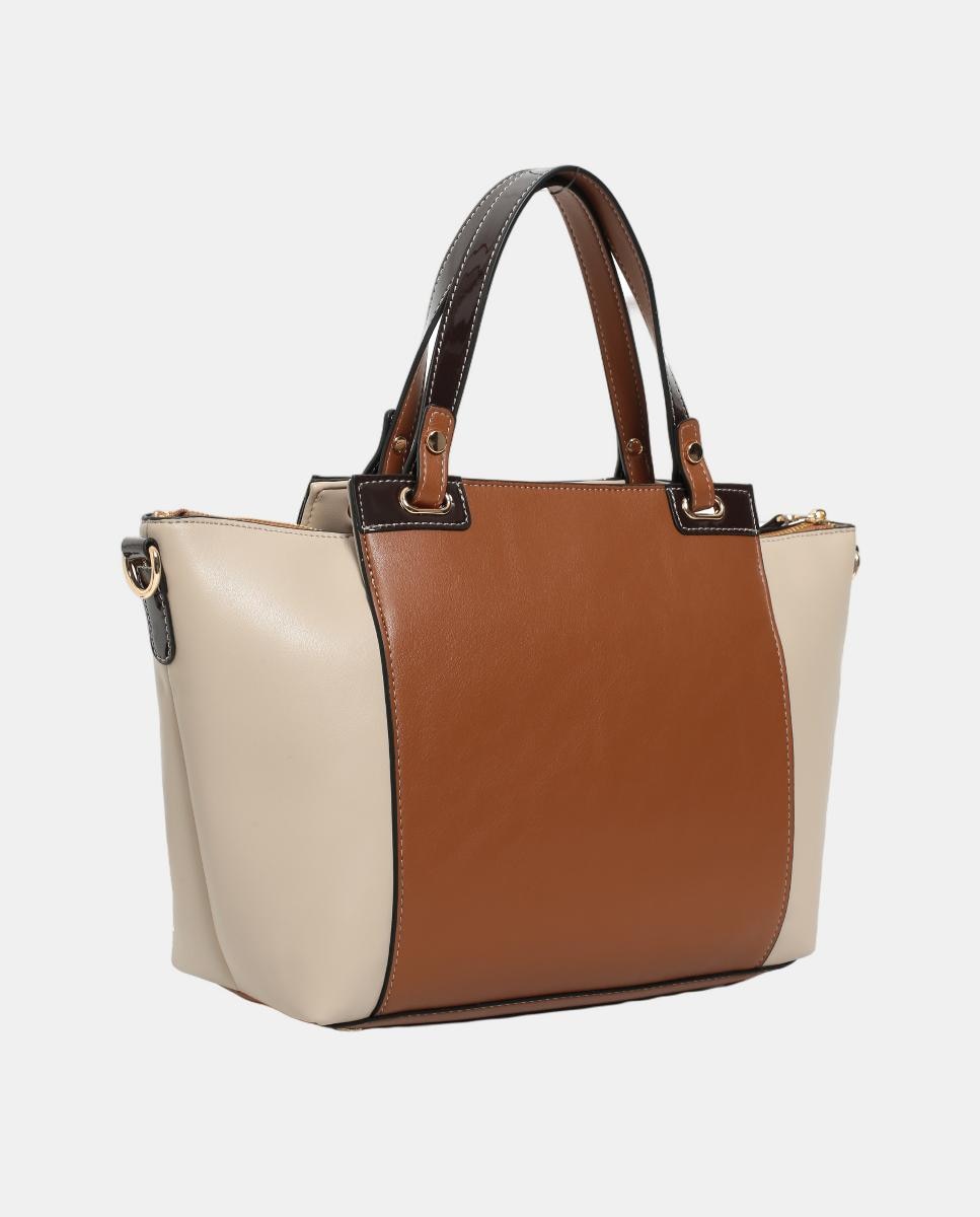 Mala Shopper de PU com Fecho de Correr Camel-2