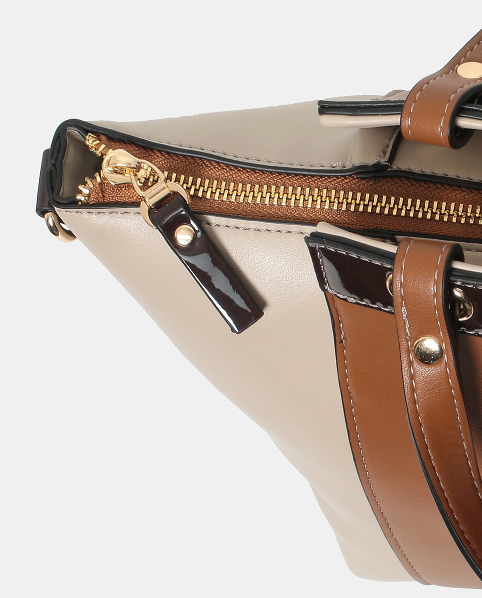 Mala Shopper de PU com Fecho de Correr Camel-4