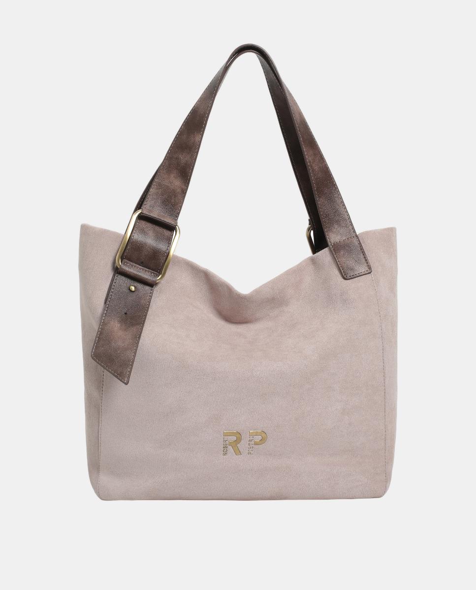 Mala Shopper de PU e Camurcina com Fecho de Correr Cinzento-claro-1