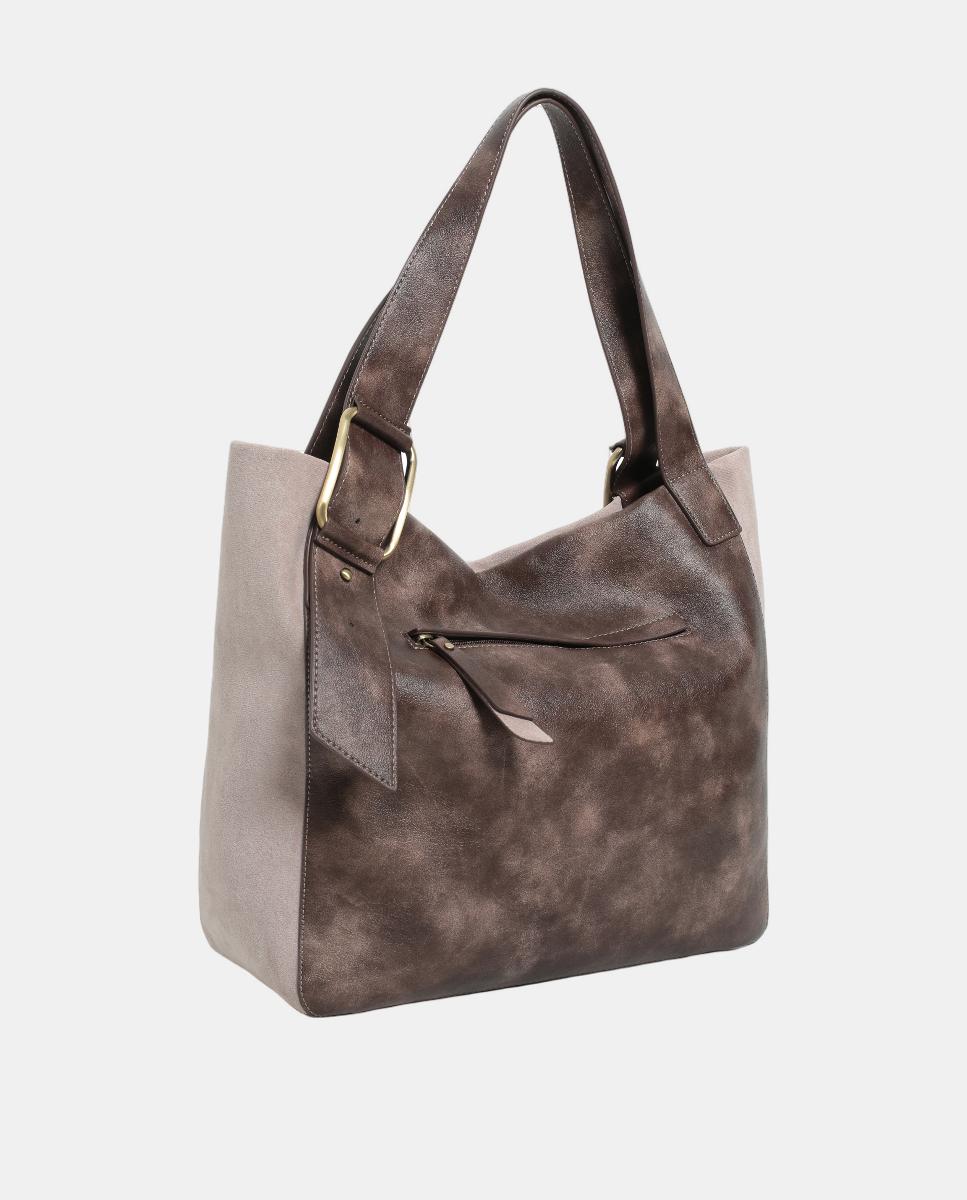 Mala Shopper de PU e Camurcina com Fecho de Correr Cinzento-claro-2