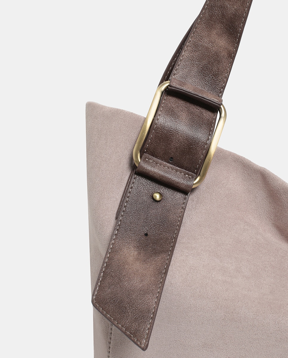 Mala Shopper de PU e Camurcina com Fecho de Correr Cinzento-claro-4