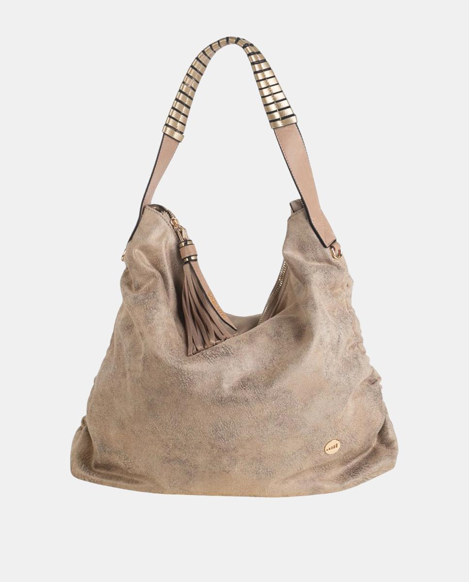 Mala Hobo em PU com Efeito de Croute e Fecho de Correr Bege-1