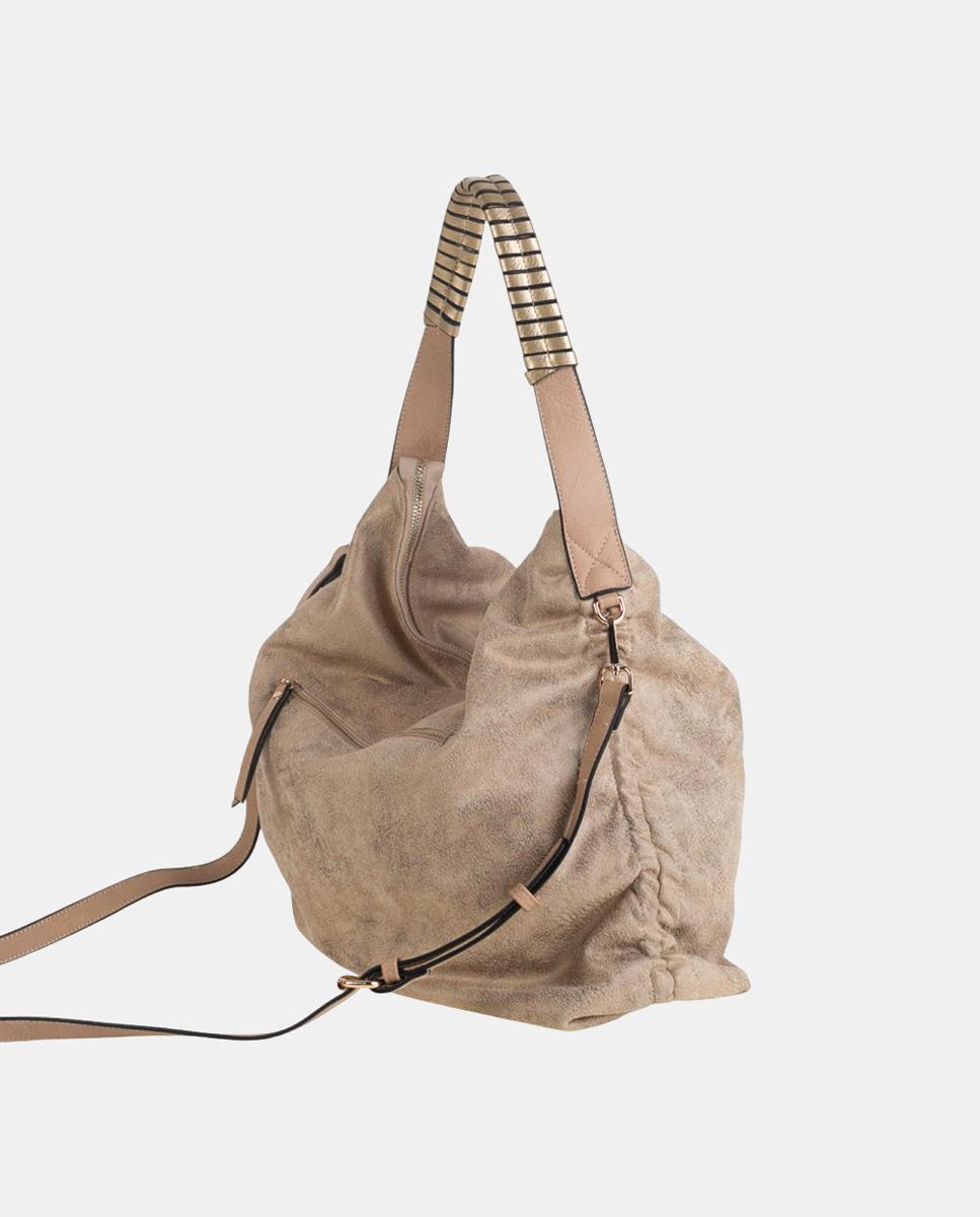 Mala Hobo em PU com Efeito de Croute e Fecho de Correr Bege-2