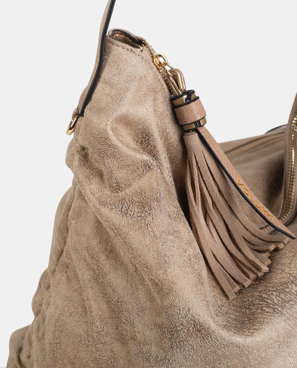 Mala Hobo em PU com Efeito de Croute e Fecho de Correr Bege-3