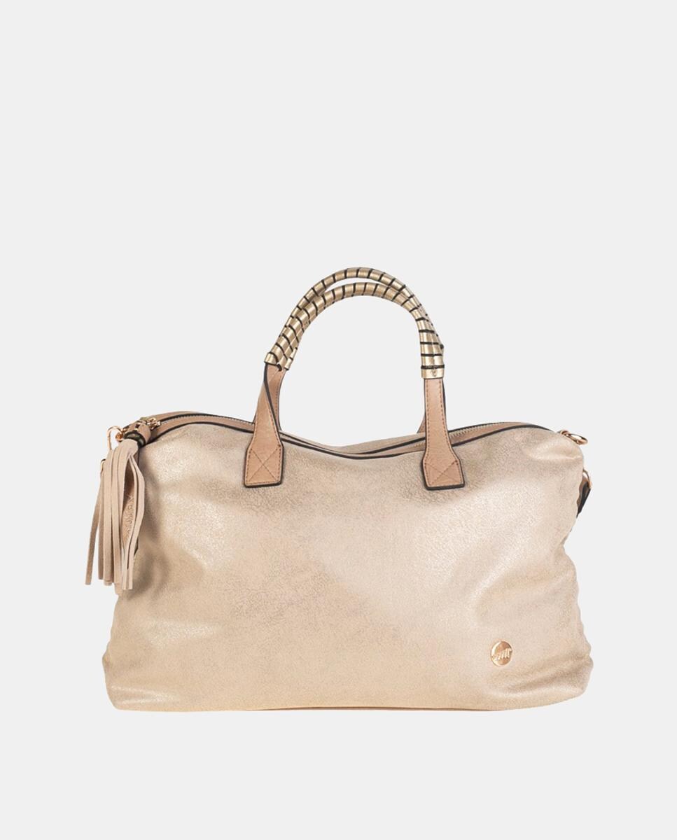 Mala Tipo Bowling em PU com Efeito de Croute e Fecho de Correr Bege-1