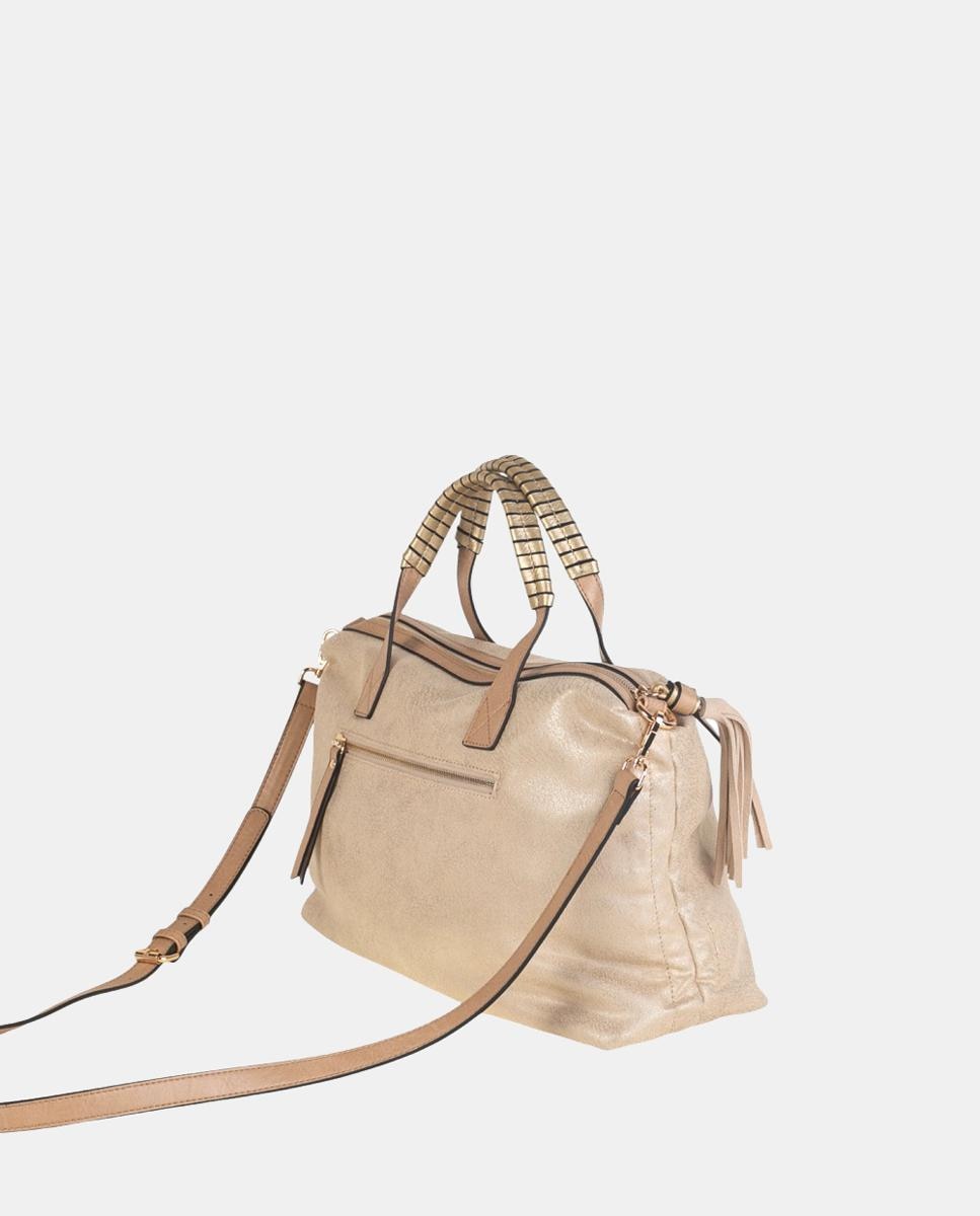 Mala Tipo Bowling em PU com Efeito de Croute e Fecho de Correr Bege-2