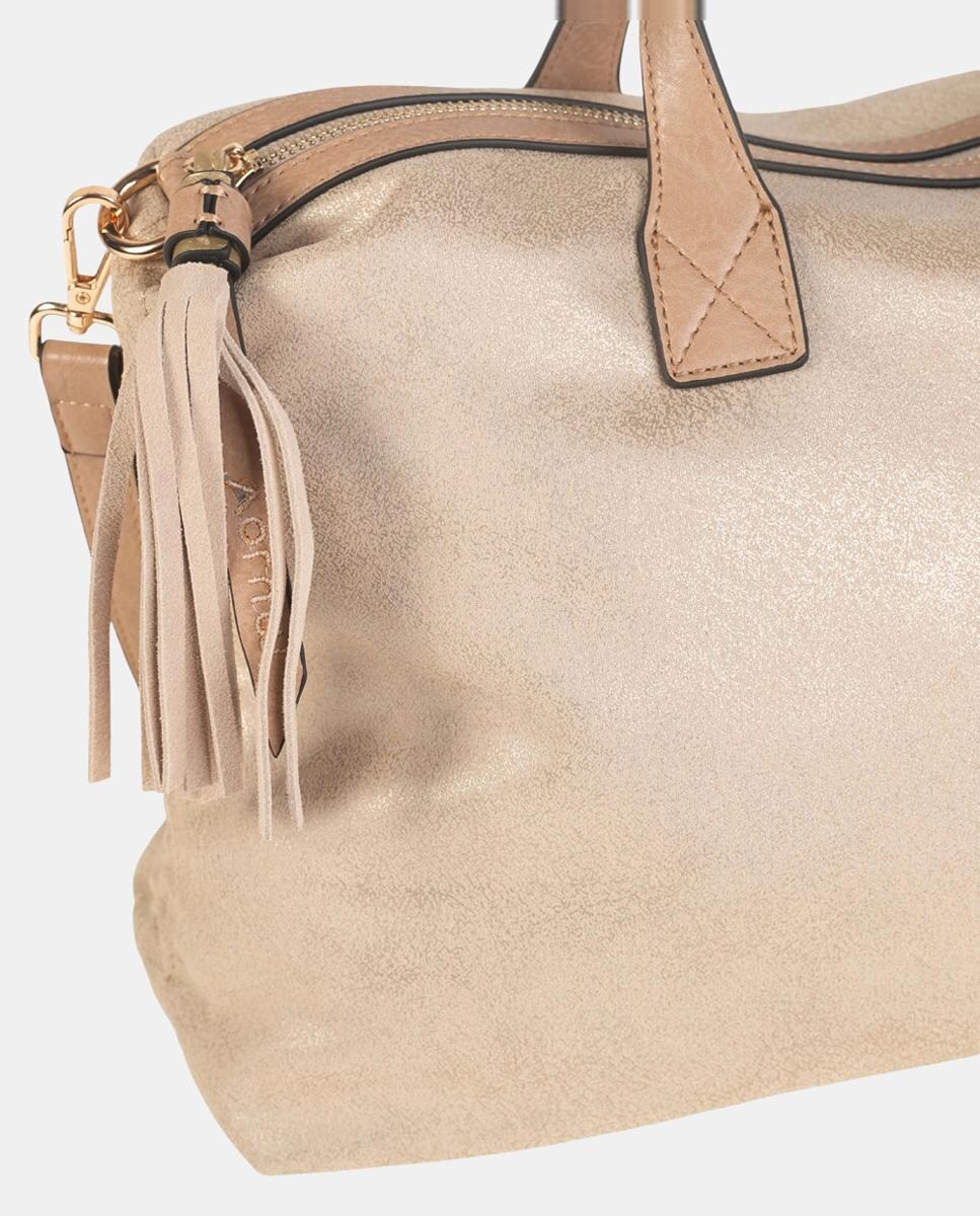 Mala Tipo Bowling em PU com Efeito de Croute e Fecho de Correr Bege-3