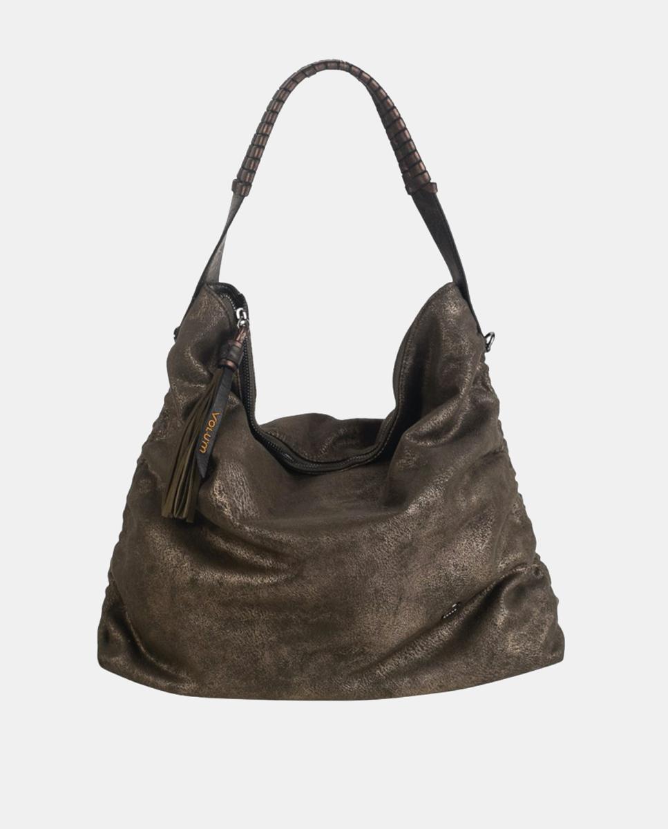 Mala Hobo em PU com Efeito de Croute e Fecho de Correr Caqui-1