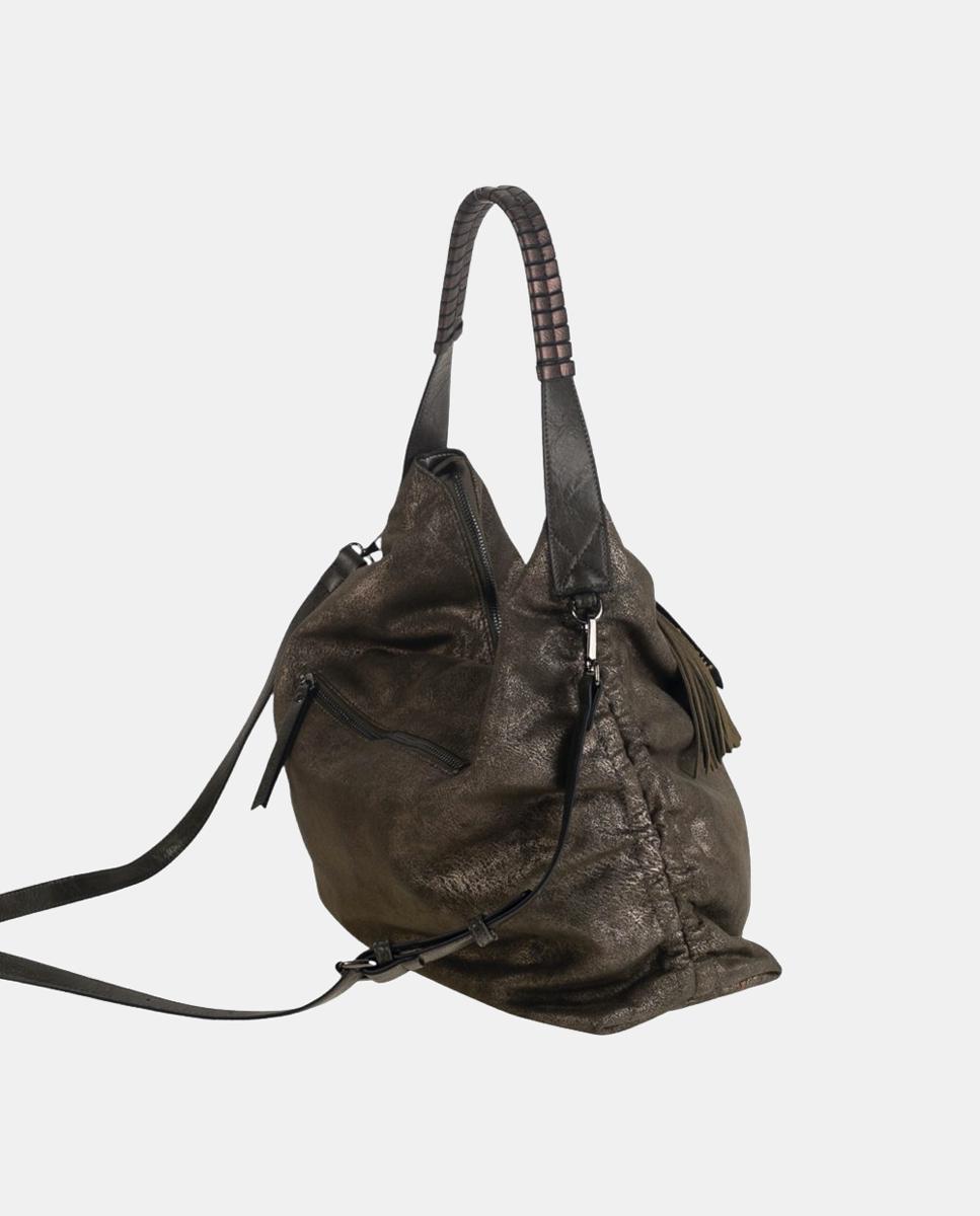 Mala Hobo em PU com Efeito de Croute e Fecho de Correr Caqui-2