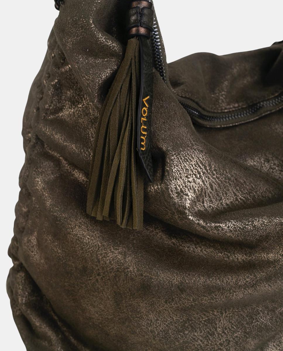 Mala Hobo em PU com Efeito de Croute e Fecho de Correr Caqui-3