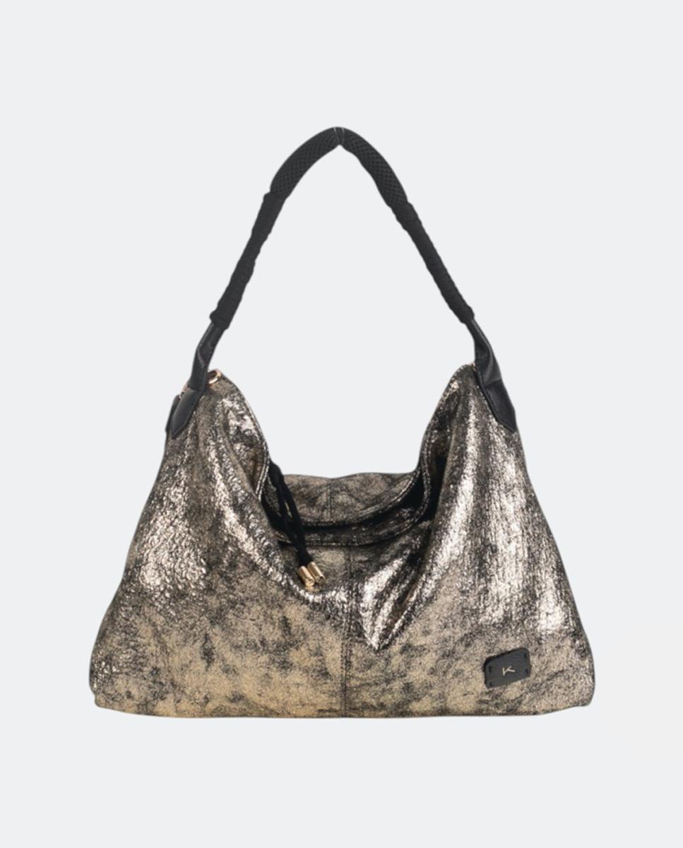 Mala Tipo Hobo com Efeito Metalizado e Fecho de Correr Ouro-1
